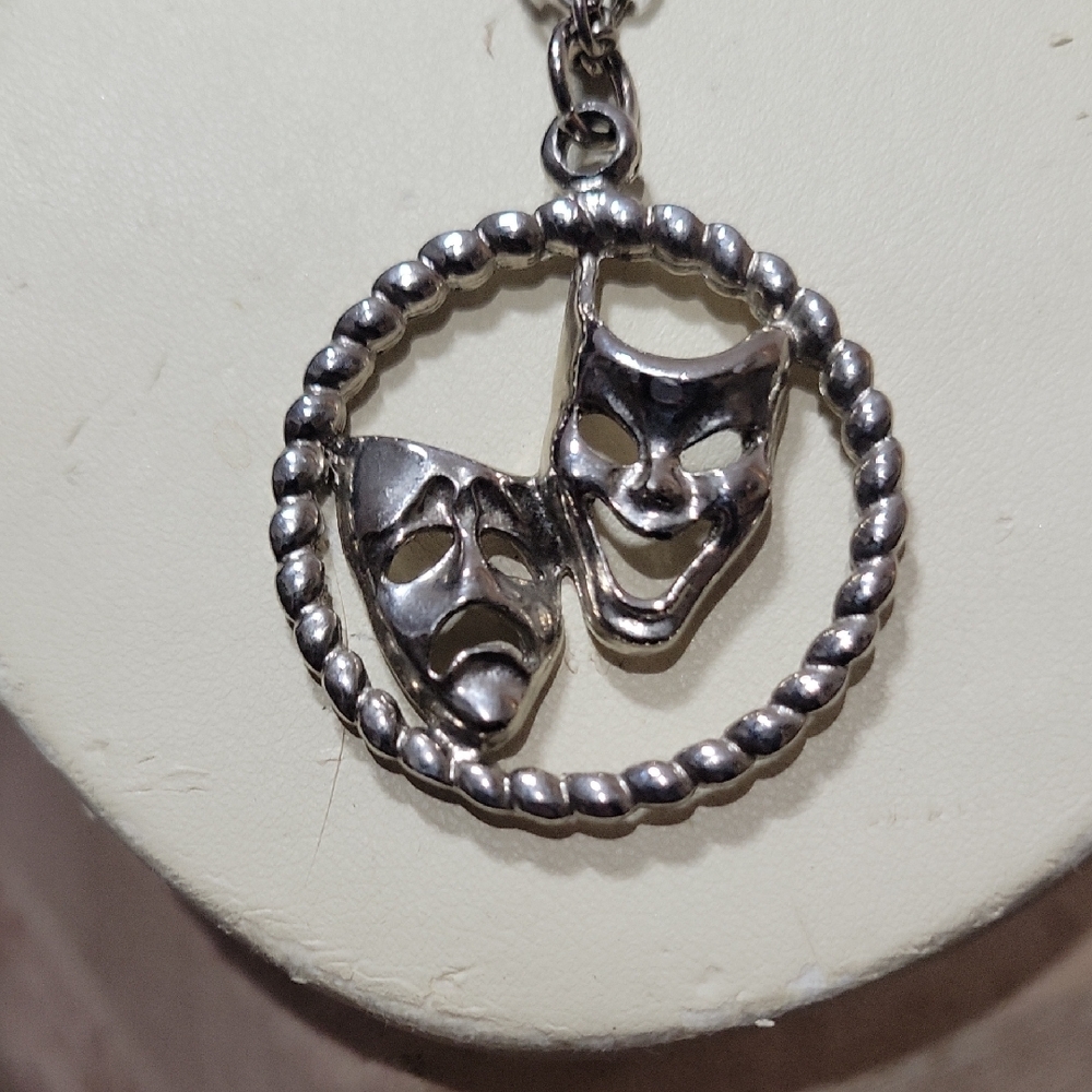 Silver Drama Masks Pendant Necklace 30"